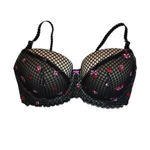 Victoria's Secret Dream Angels Embroidered Black Fishnet Floral Demi Bra 34DD